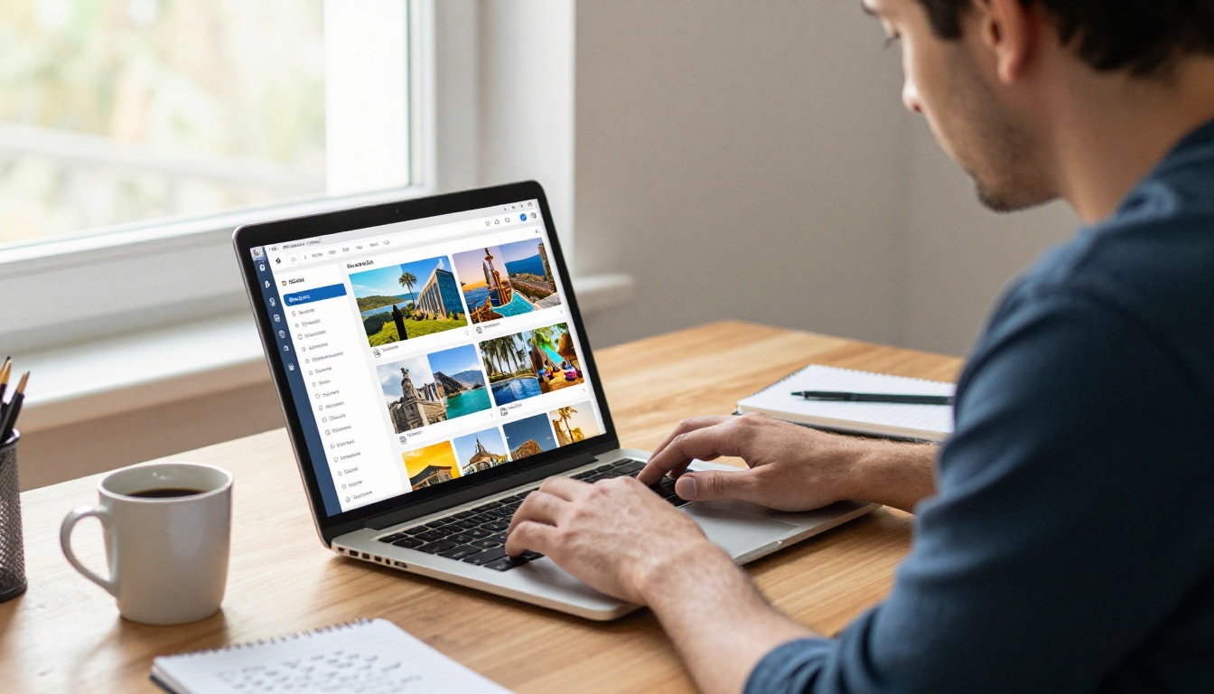 Man in his 30s creating a digital flipbook travel itinerary on MacBook Pro at home office desk
