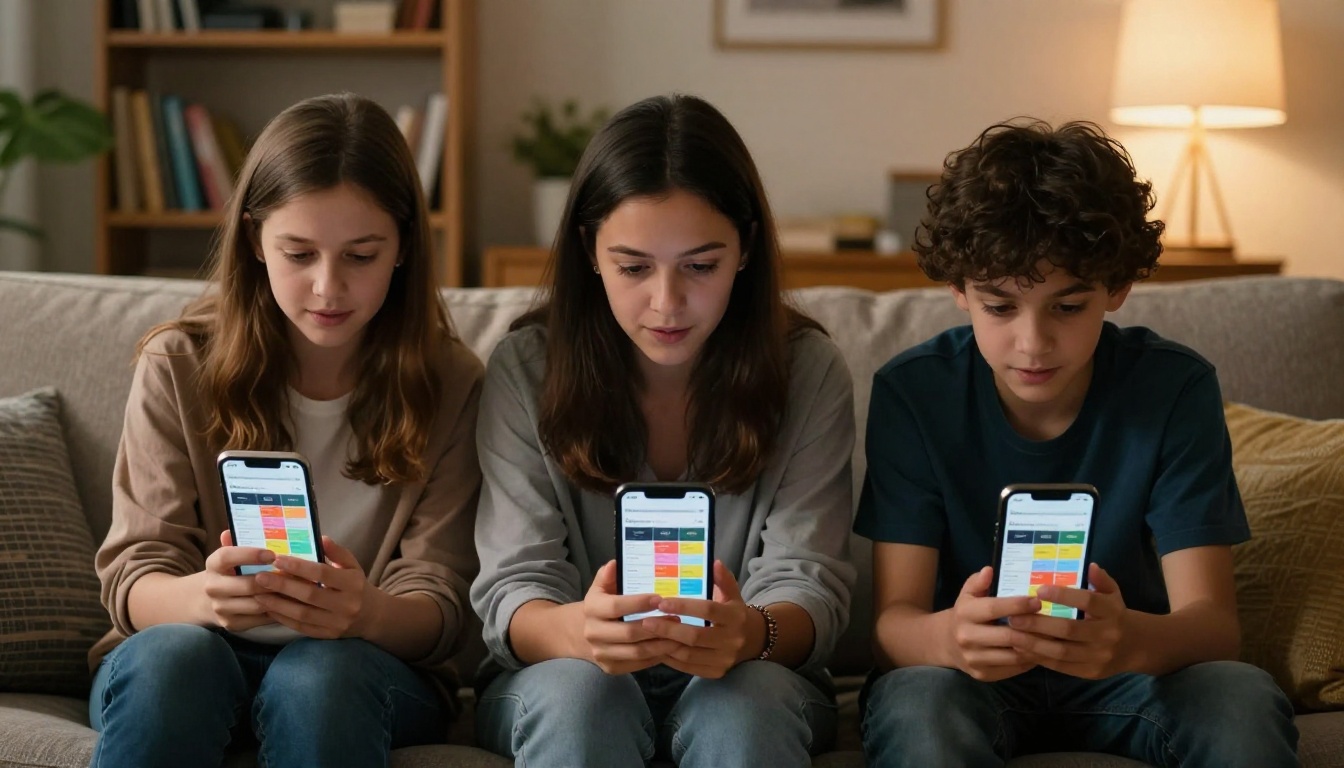 Family of three on couch with smartphones showing the same shared travel itinerary app