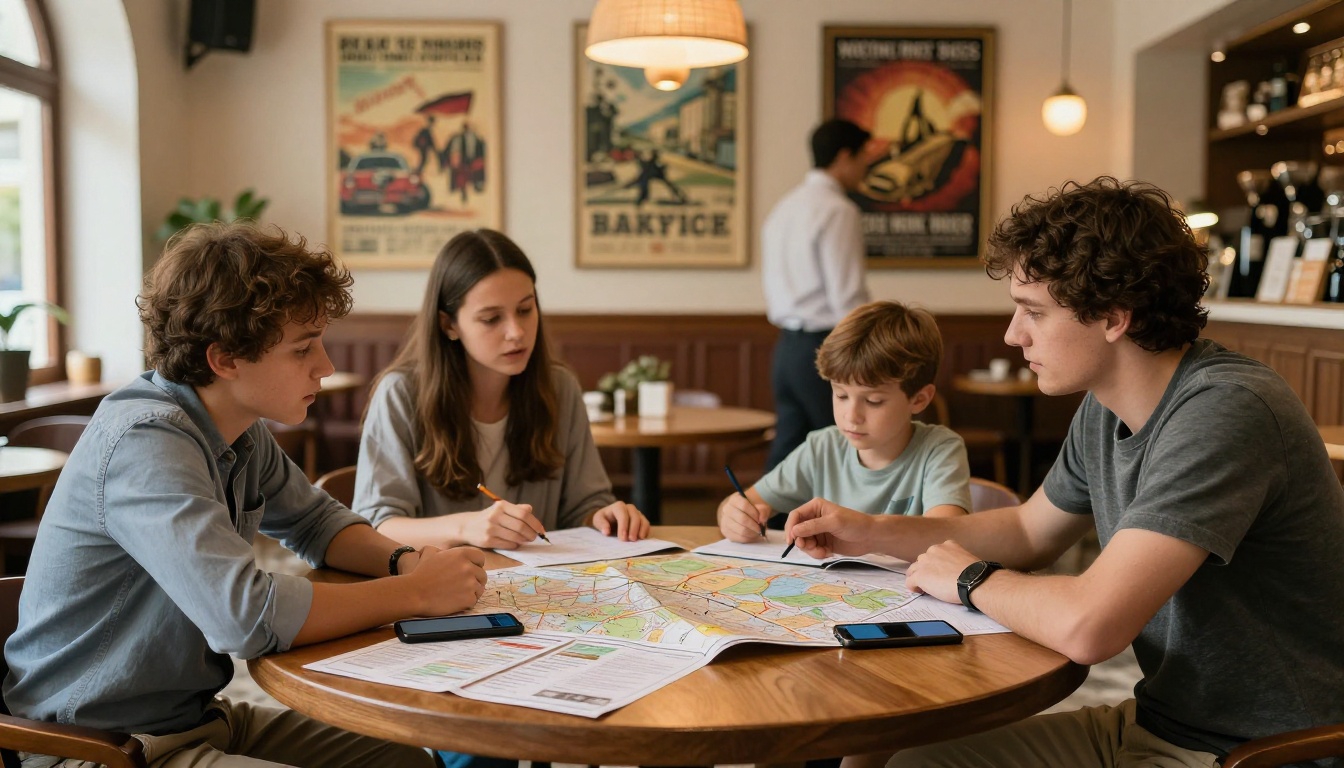 Family of four at European boutique hotel lobby table reviewing maps and travel itinerary Family of four at European boutique hotel lobby table reviewing maps and travel itinerary