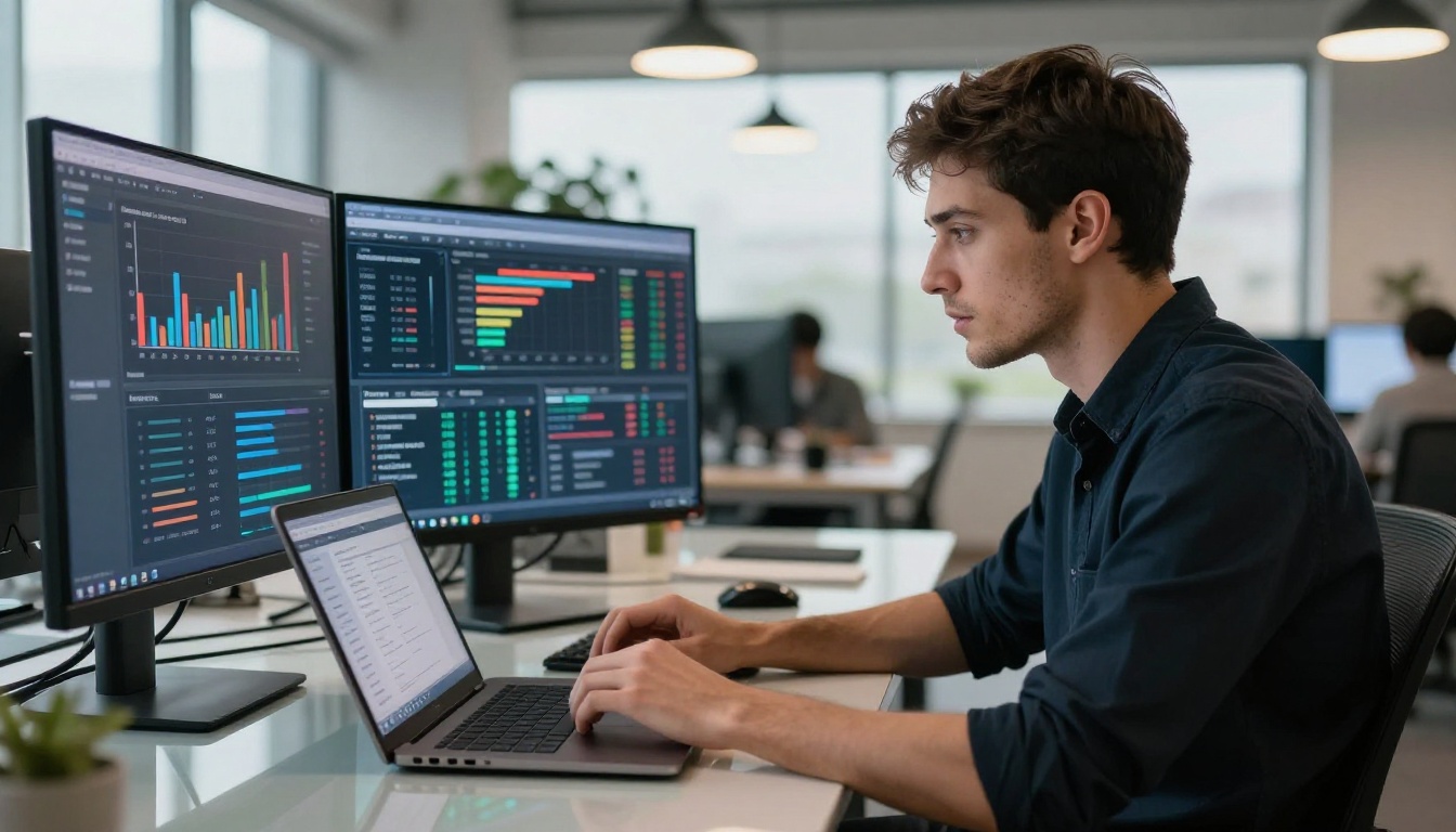 Entrepreneur analyzing ecommerce analytics on curved monitor