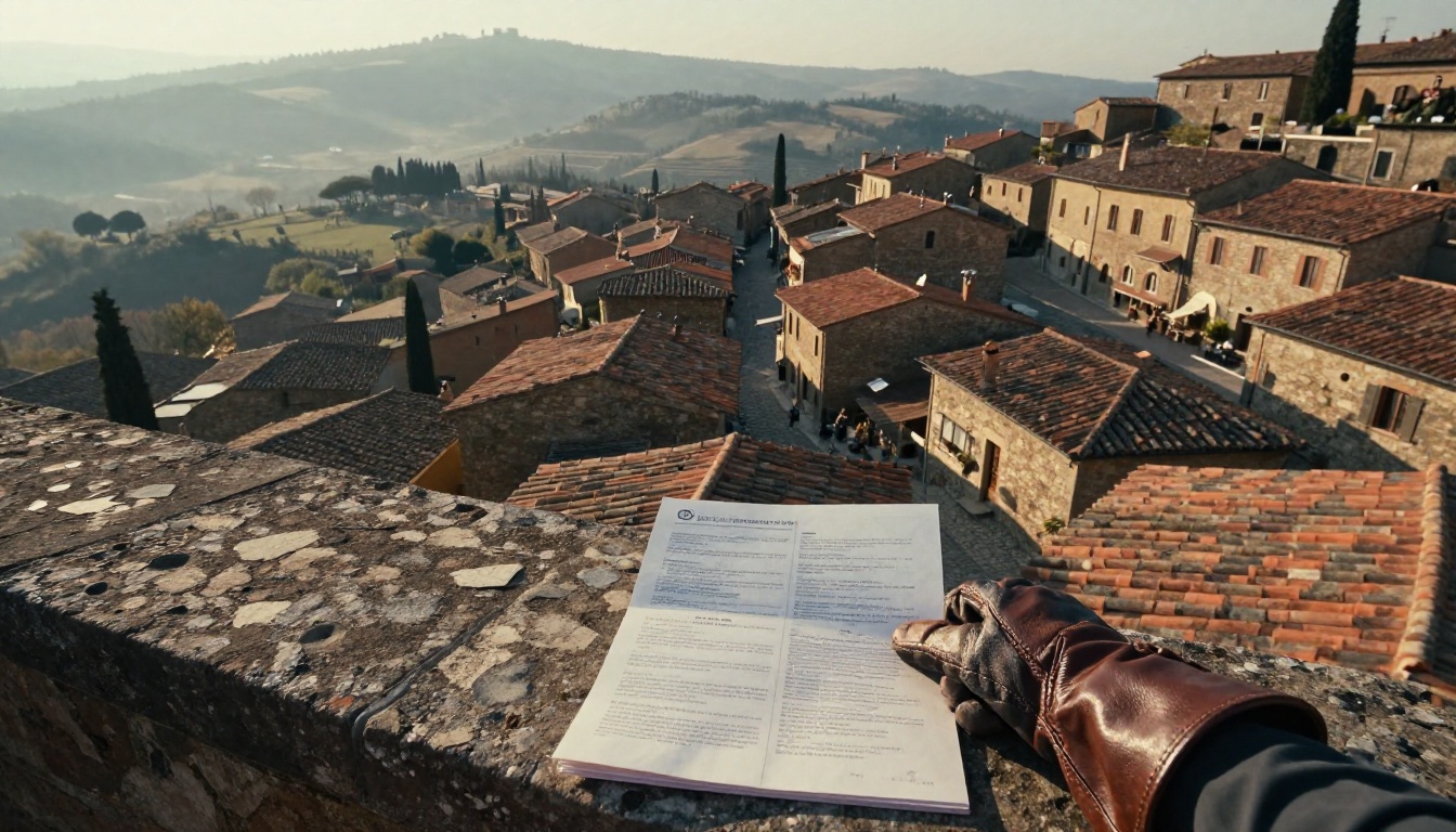 Rooftop aerial view of Tuscan hilltop village with traveler holding printed itinerary in foreground Rooftop aerial view of Tuscan hilltop village with traveler holding printed itinerary in foreground