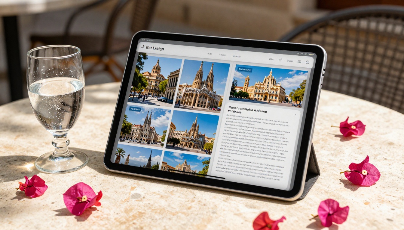 iPad on sun-drenched Mediterranean terrace showing interactive travel flipbook with Barcelona photos iPad on sun-drenched Mediterranean terrace showing interactive travel flipbook with Barcelona photos
