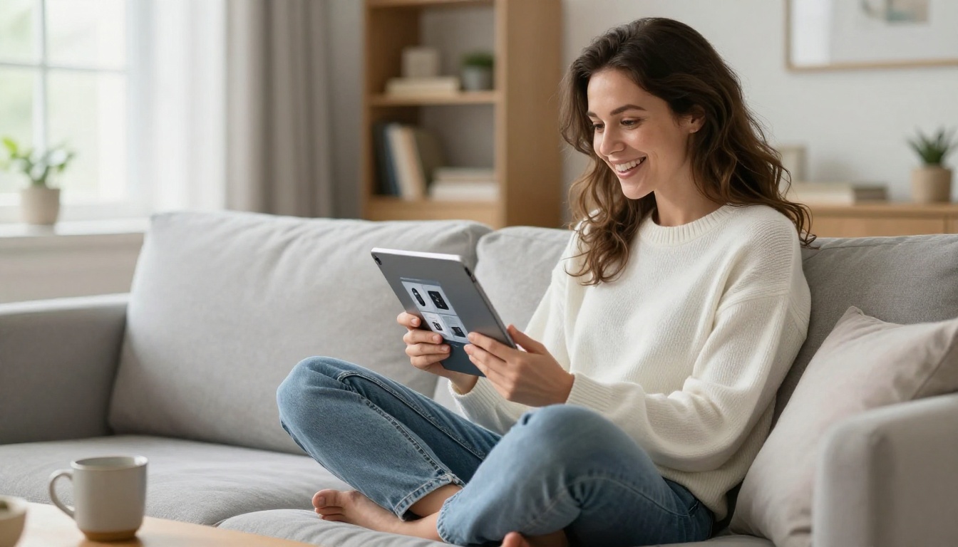 Happy woman smiling while browsing product catalog on tablet at home Happy woman smiling while browsing product catalog on tablet at home