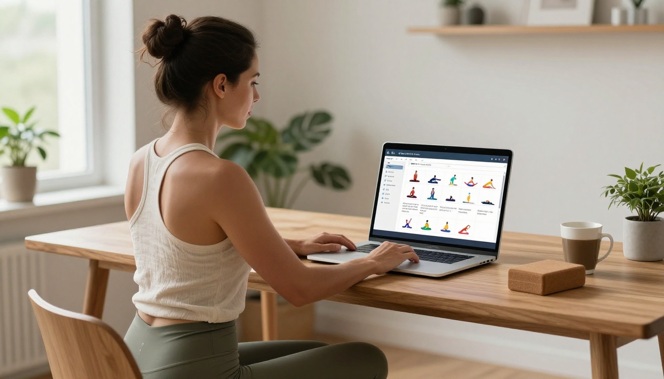 Yoga instructor sitting at a modern wooden desk using a laptop to design a digital yoga class flipbook