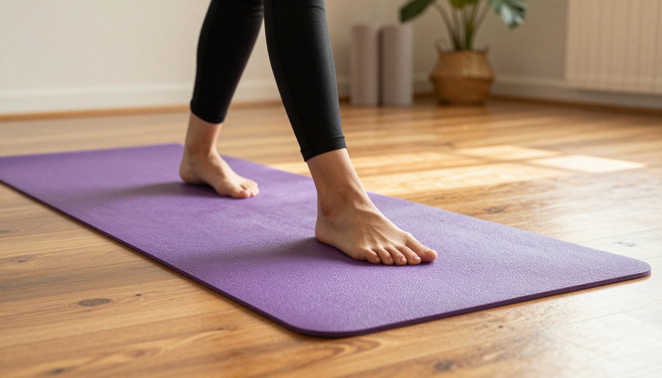 Low-angle shot of bare feet stepping onto a purple yoga mat in a minimalist studio with morning light