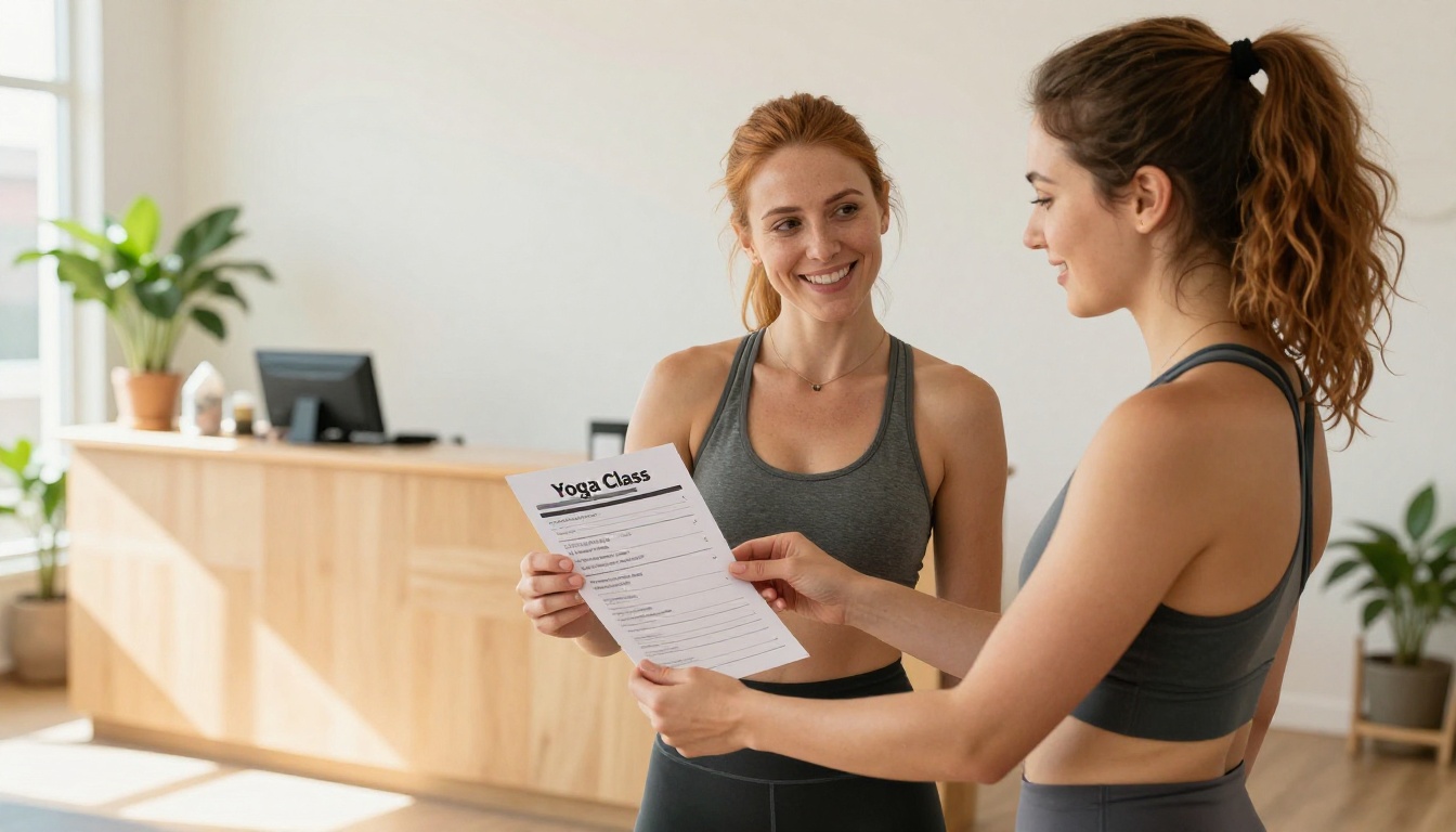 Yoga instructor with auburn hair handing a printed flipbook to a smiling student in the studio lobby
