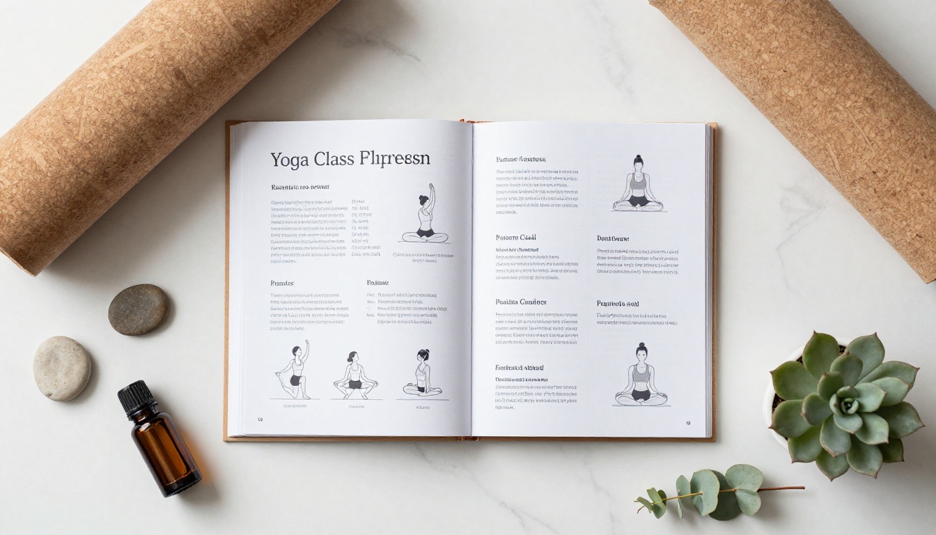 Lifestyle flat lay of a yoga flipbook open on white marble surface, surrounded by cork mat, lavender oil, and eucalyptus