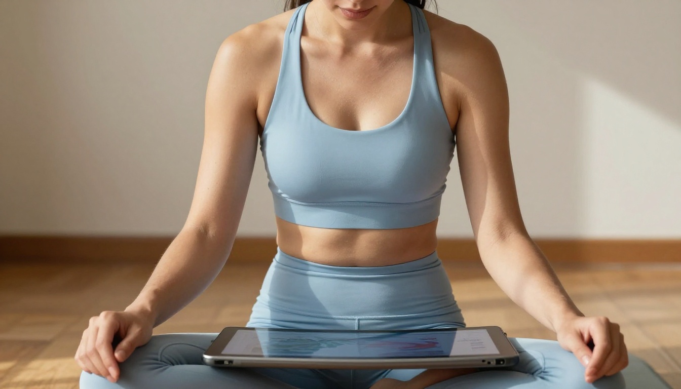 Woman in lotus position on a wooden floor looking down at a digital flipbook on a tablet