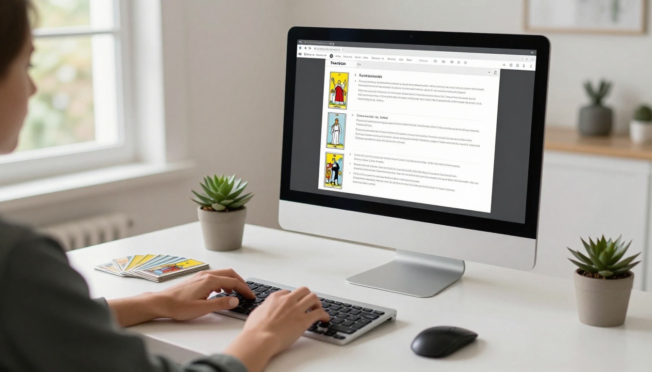 Tarot reader working at minimal white oak desk with iMac showing PDF layout of tarot card meanings Tarot reader working at minimal white oak desk with iMac showing PDF layout of tarot card meanings