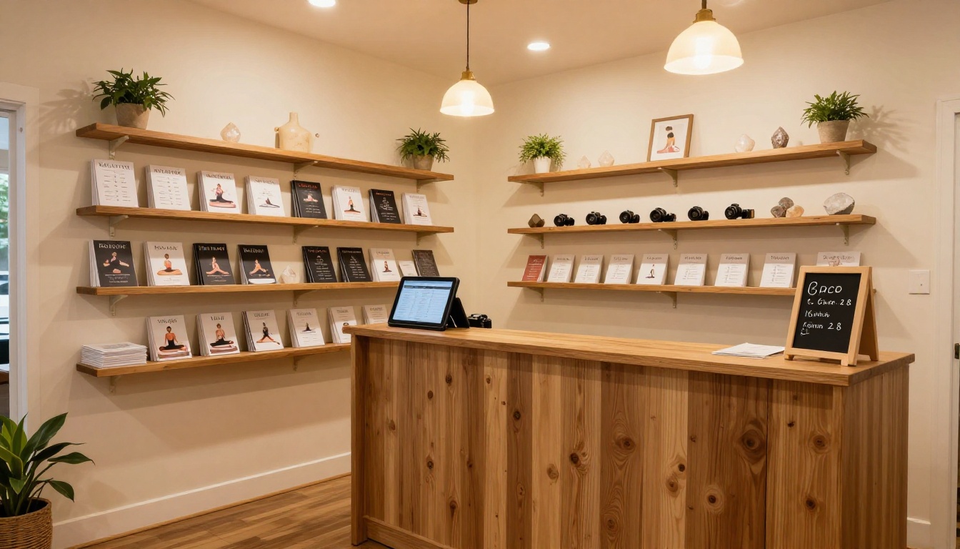 Upscale yoga studio reception area with neatly stacked flipbooks and plants on warm wooden shelving