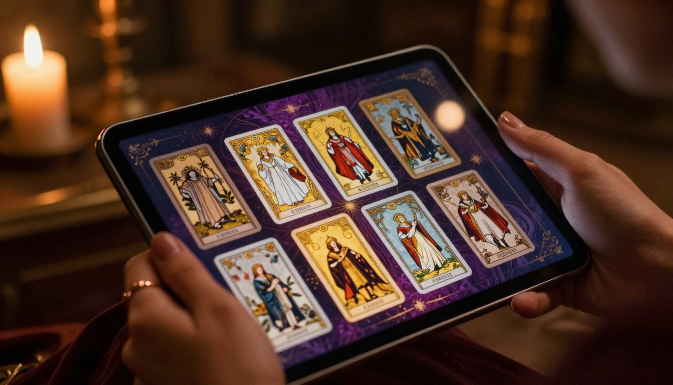 Woman's hands holding tablet displaying interactive tarot flipbook with violet and gold pages Woman's hands holding tablet displaying interactive tarot flipbook with violet and gold pages