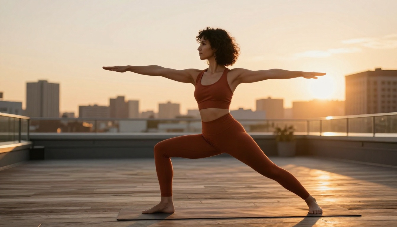 Yoga instructor with dark curly hair performing a tree pose on a rooftop terrace at golden hour