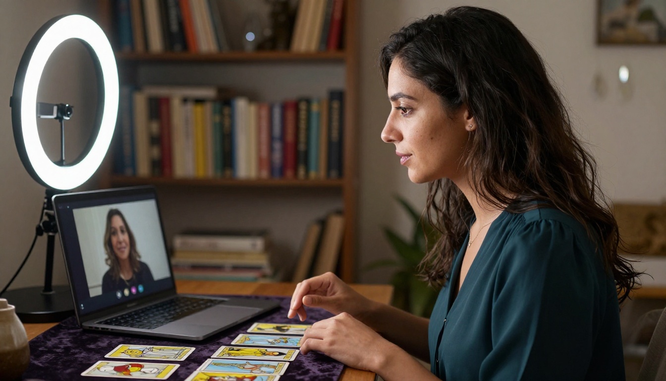 Side-profile portrait of tarot reader at desk conducting online video reading with spread visible