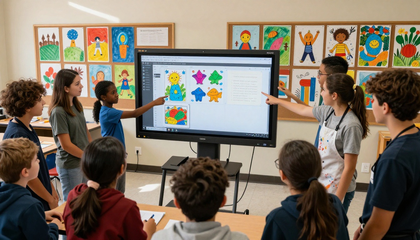Students gathered around a classroom screen viewing digital flipbook portfolios