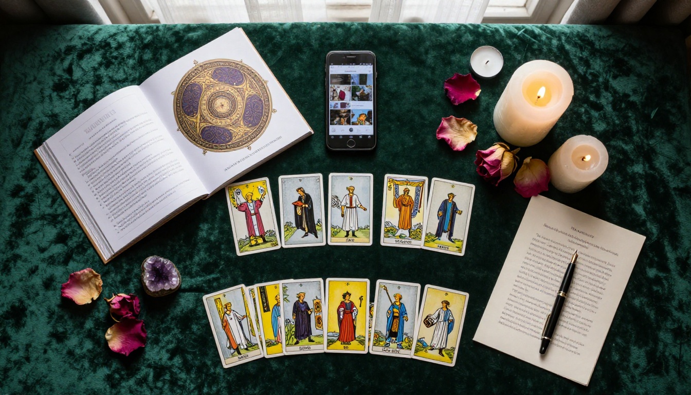 Tarot reading business setup flat-lay with cards crystals candles and brochure on emerald velvet Tarot reading business setup flat-lay with cards crystals candles and brochure on emerald velvet