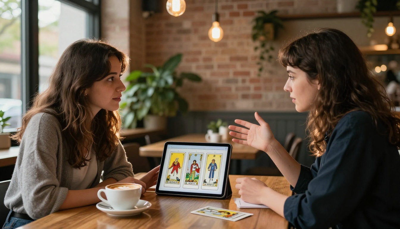 Two women sharing a tarot reading flipbook over a tablet in a cozy candlelit cafe setting Two women sharing a tarot reading flipbook over a tablet in a cozy candlelit cafe setting