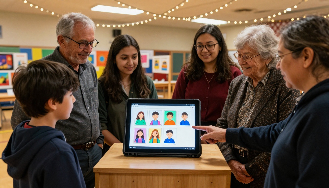 Parents and family members viewing student art flipbook portfolio at school open house night