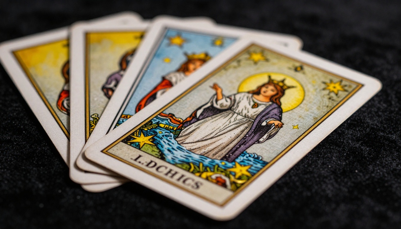 Extreme macro close-up of three ornate tarot cards with gold foil edges on black velvet surface