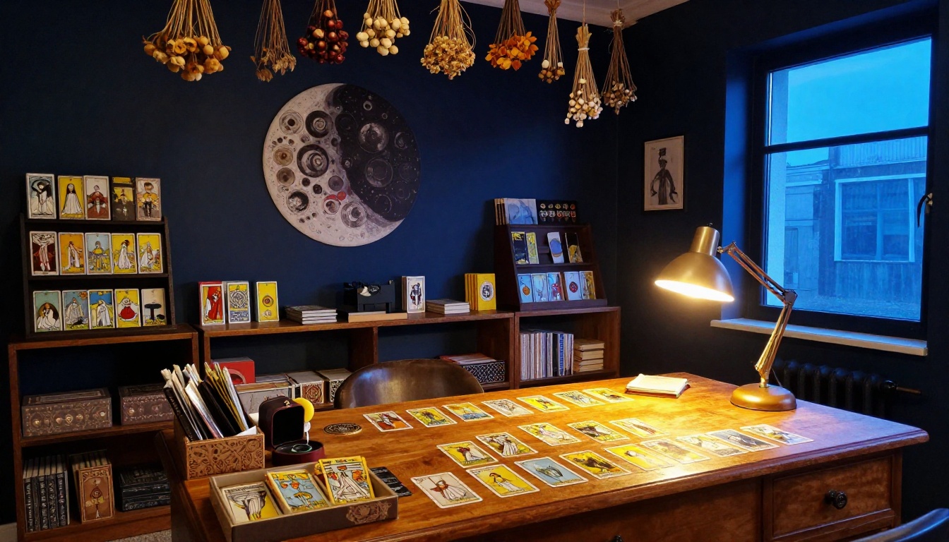 Wide interior shot of professional tarot reader studio with navy walls vintage desk and moon phase art