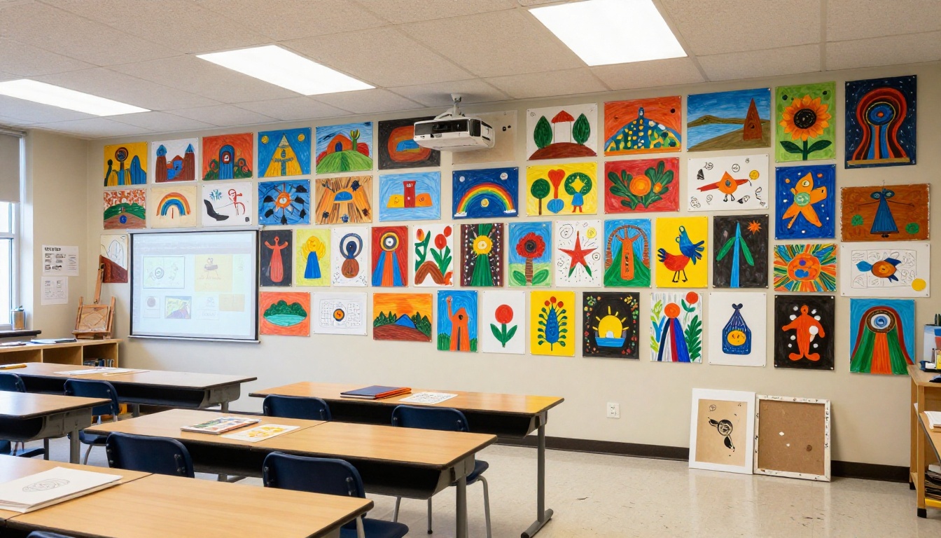 Art classroom wall full of student paintings with a digital flipbook projected on the classroom screen