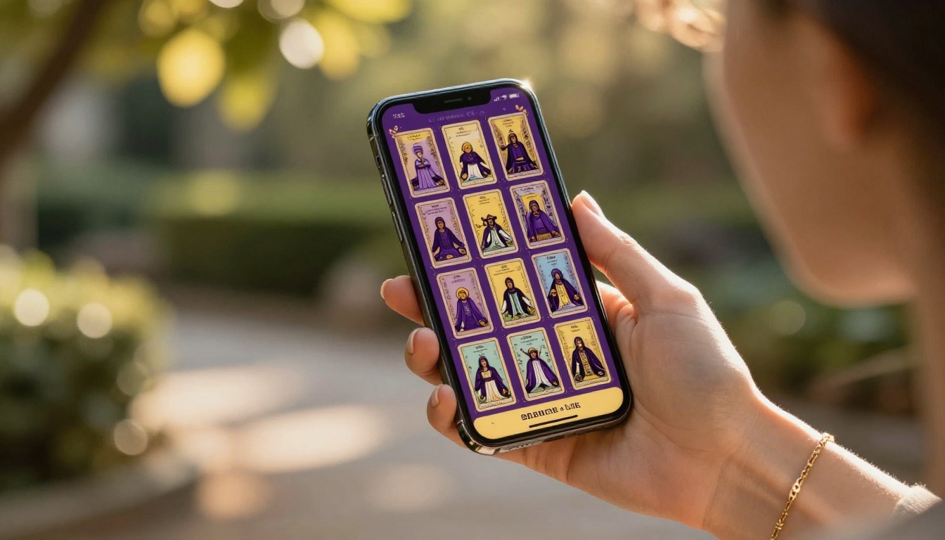 Tarot reader's hands holding smartphone showing a monthly forecast reading report in purple and gold