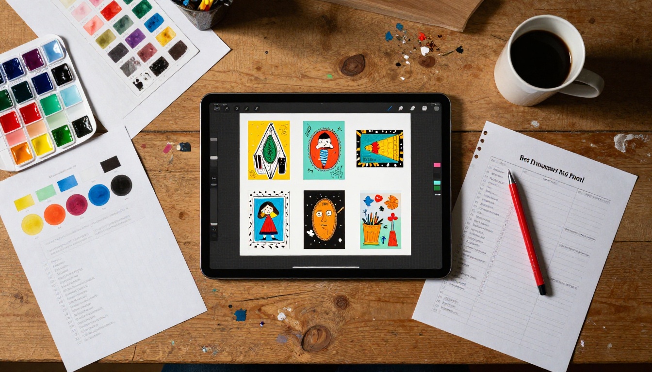 Art teacher workspace flat-lay with tablet showing student artwork flipbook surrounded by grading materials and art supplies Art teacher workspace flat-lay with tablet showing student artwork flipbook surrounded by grading materials and art supplies