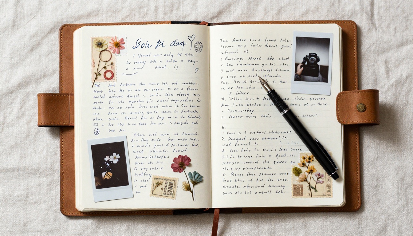 Open leather journal with handwritten entries, polaroid photos, and pressed flowers on a linen surface
