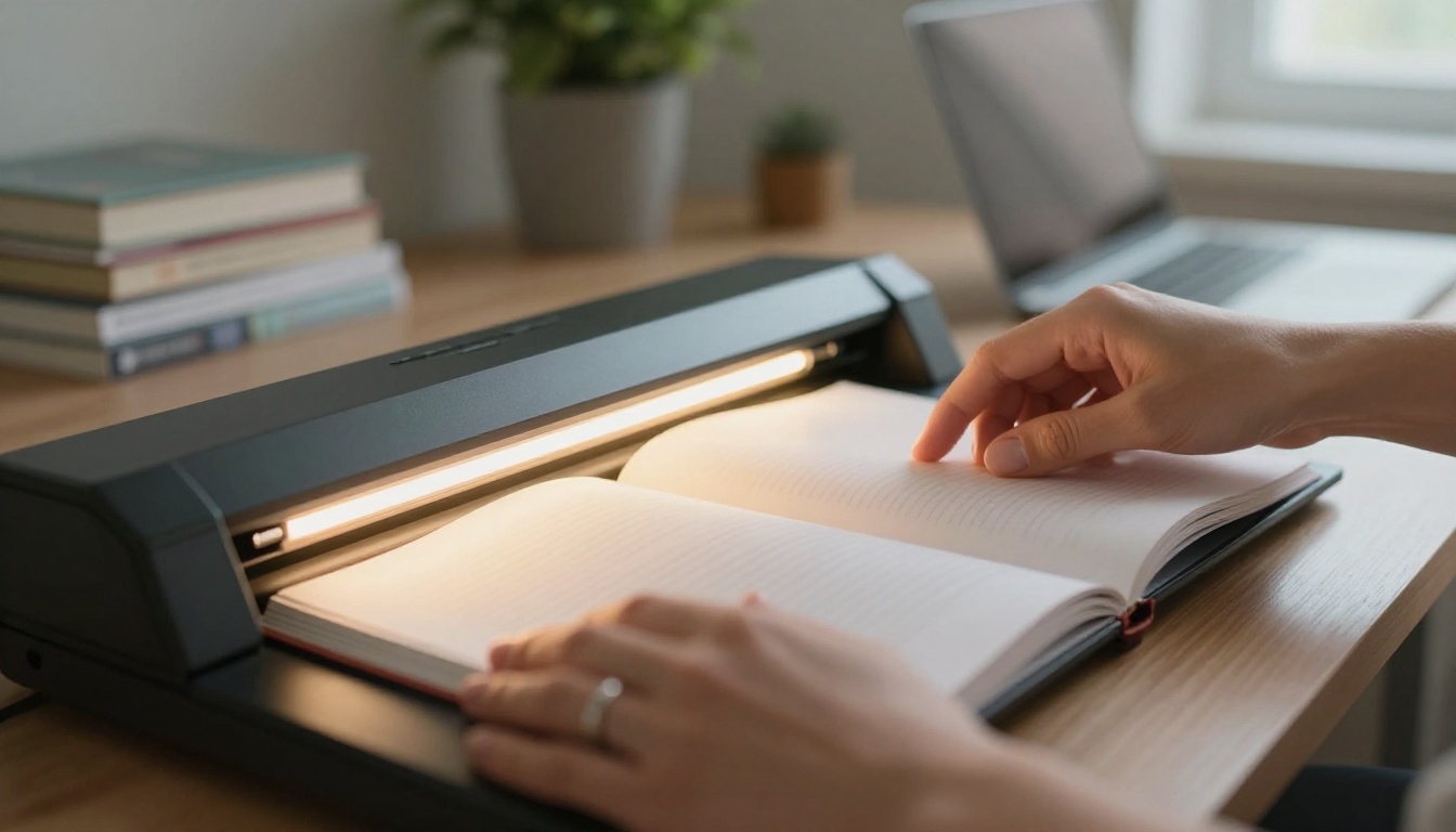 Woman placing journal page on flatbed scanner with amber scanning light, home office with stacked journals in background
