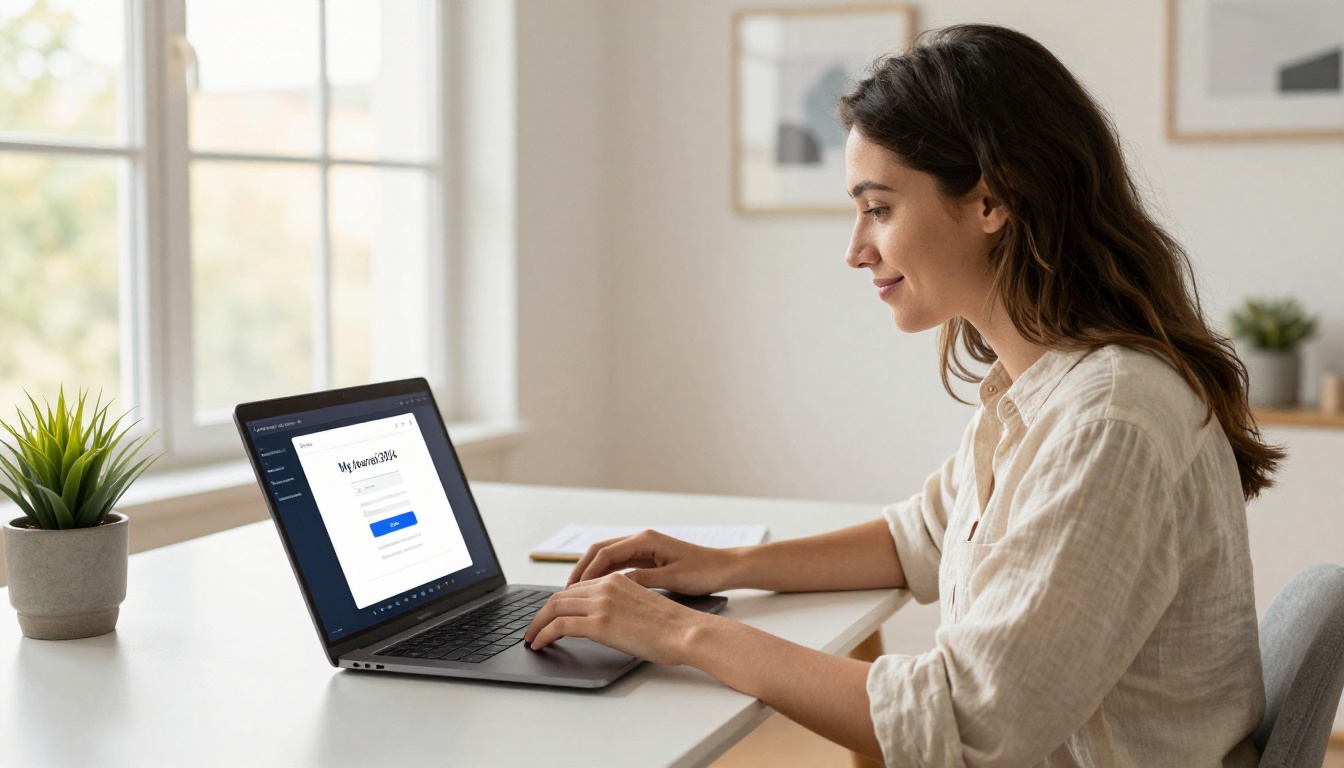 Woman at minimalist desk uploading PDF journal file to laptop with clean upload interface, soft afternoon window light Woman at minimalist desk uploading PDF journal file to laptop with clean upload interface, soft afternoon window light