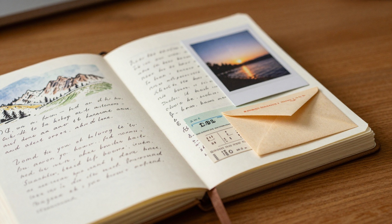 Beautifully decorated journal spread with handwritten pages, watercolor sketch, polaroid photo, and ticket stub on oak table