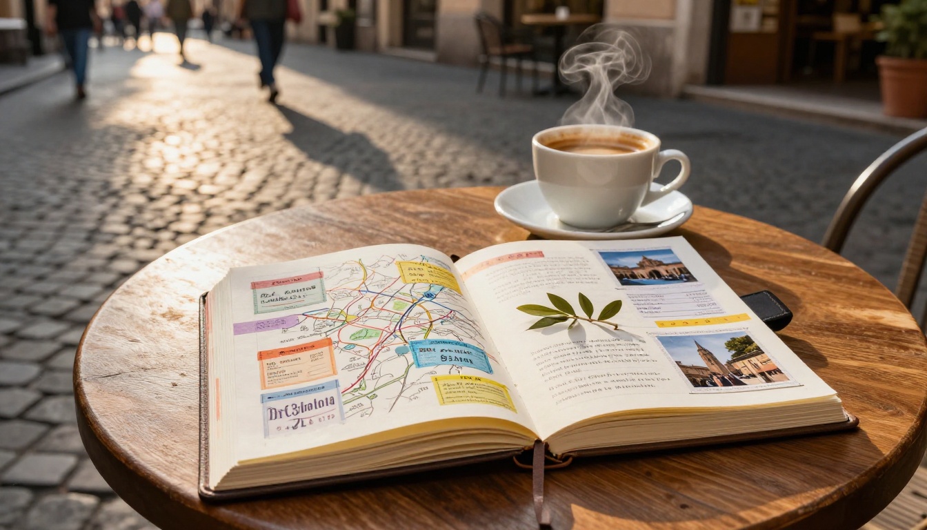 Open travel journal on a wooden cafe table with maps, ticket stubs, espresso cup in a European piazza setting