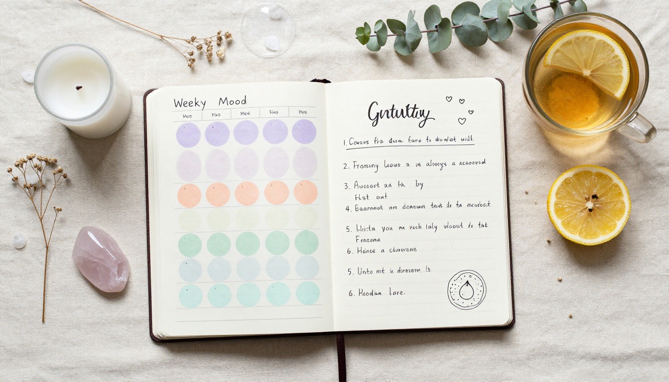 Wellness and gratitude journal flat-lay with mood tracker, rose quartz crystal, candle, and herbal tea on linen surface