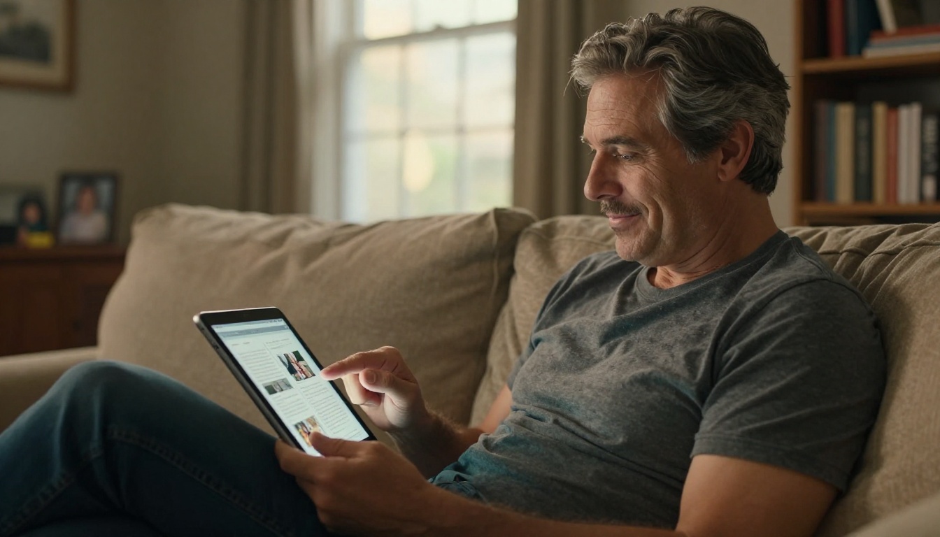 Man in his forties sitting on linen sofa viewing digital flipbook on tablet, warm nostalgic expression, afternoon window light Man in his forties sitting on linen sofa viewing digital flipbook on tablet, warm nostalgic expression, afternoon window light