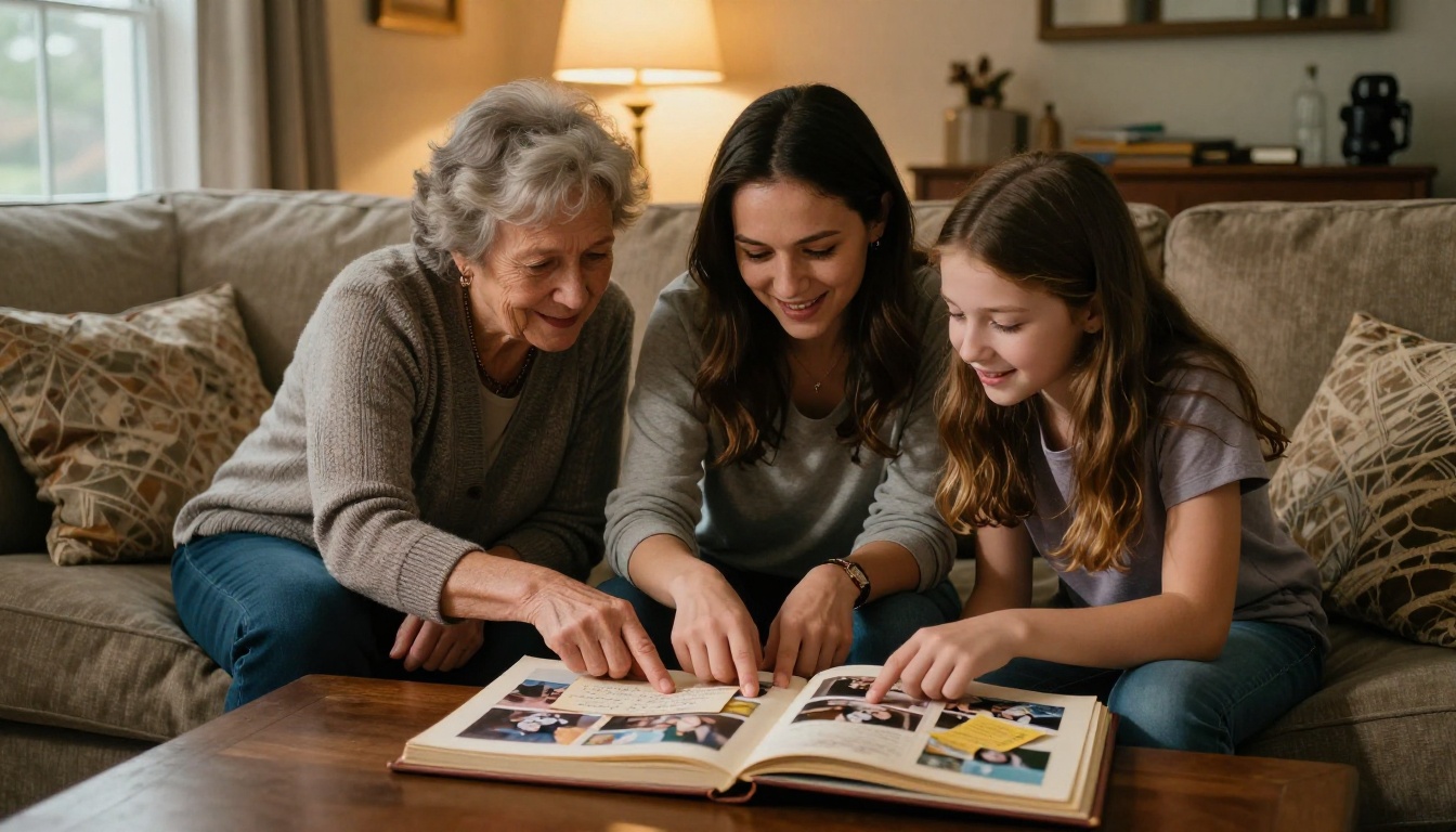 Three generations of family on sectional sofa sharing an open memory book, pointing and smiling with warmth, amber lamplight Three generations of family on sectional sofa sharing an open memory book, pointing and smiling with warmth, amber lamplight