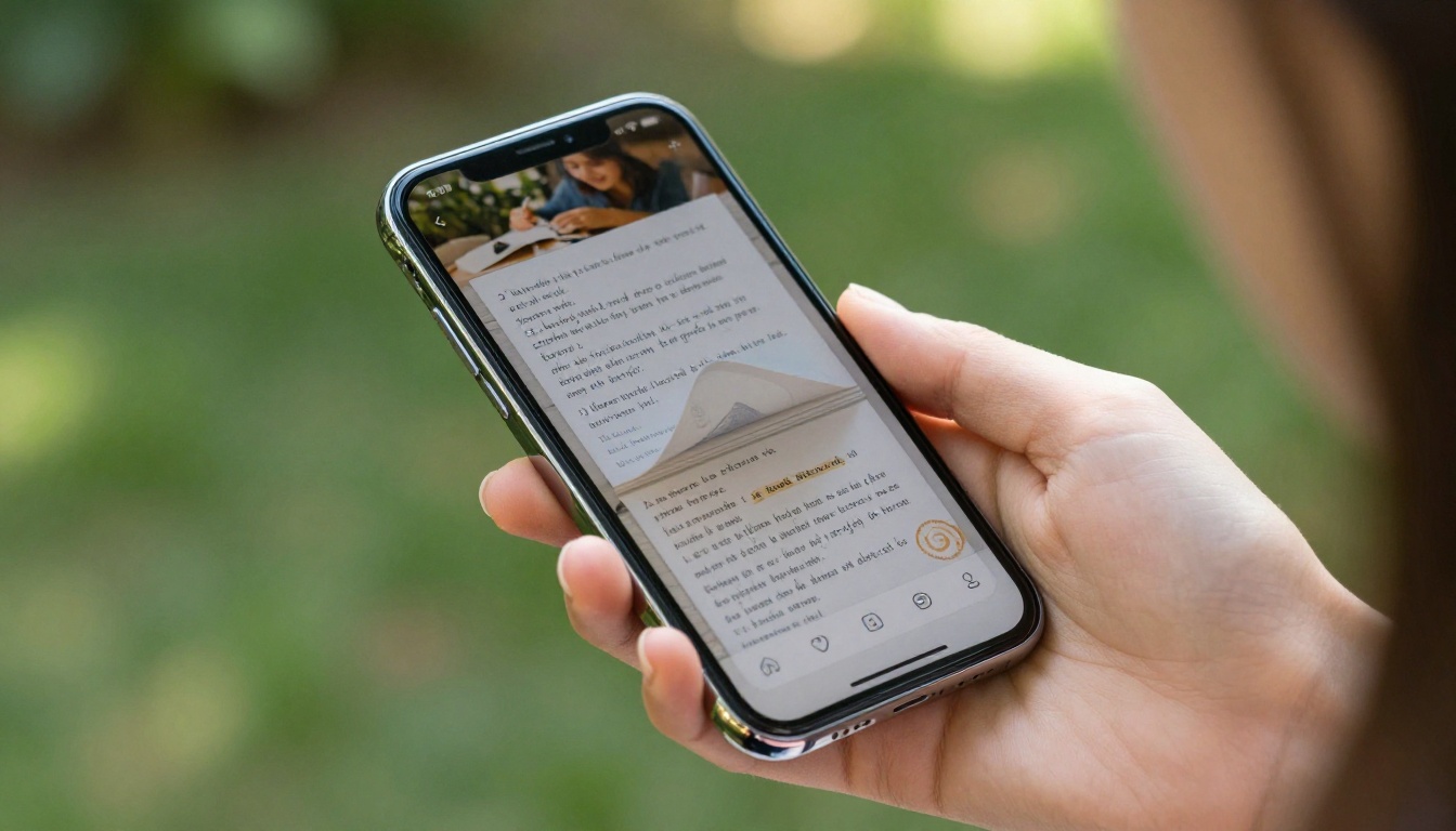 Woman's hand holding smartphone with digital flipbook displayed on screen showing page-curl effect, soft green garden bokeh background Woman's hand holding smartphone with digital flipbook displayed on screen showing page-curl effect, soft green garden bokeh background