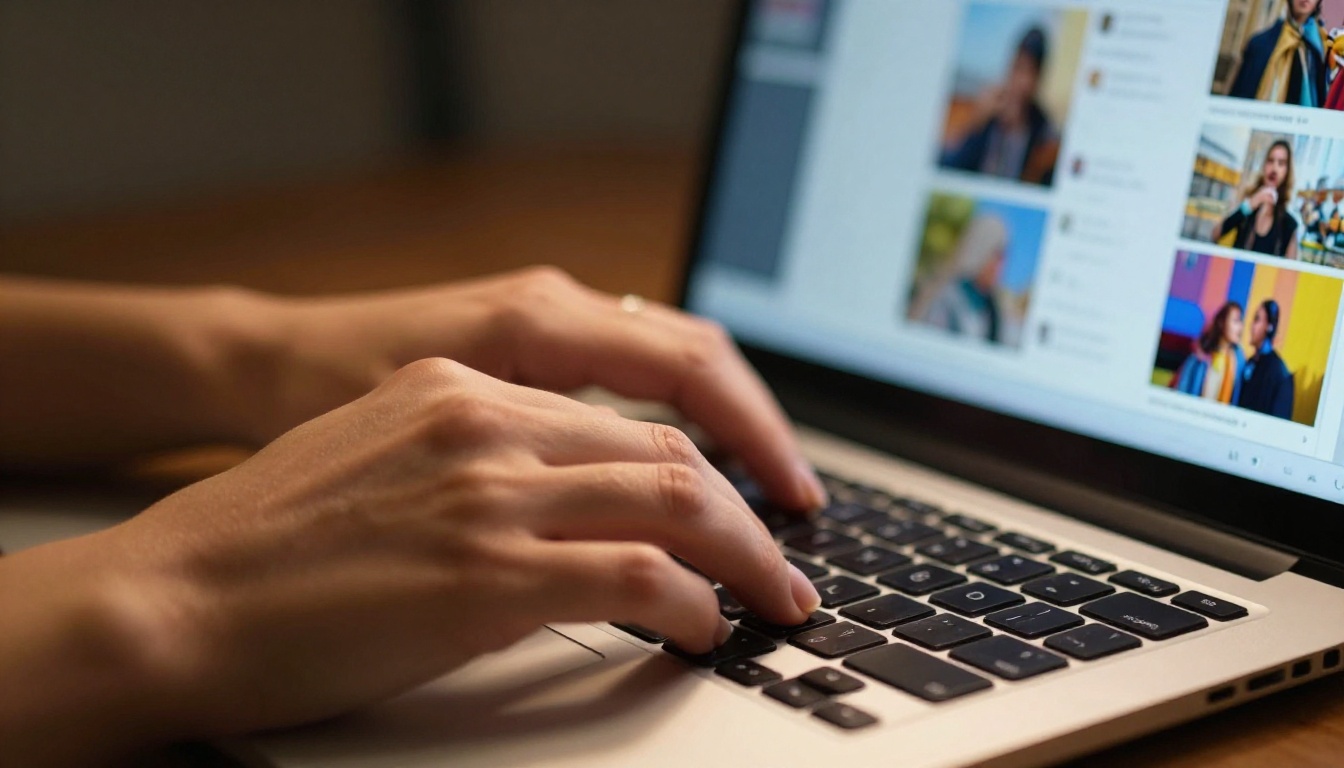 Hands swiping through a photo carousel on a laptop showing a digital flipbook publication