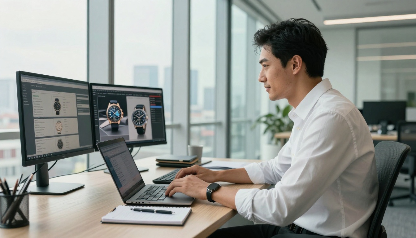 Marketing professional reviewing a product catalog flipbook with image carousel on a laptop in a modern office