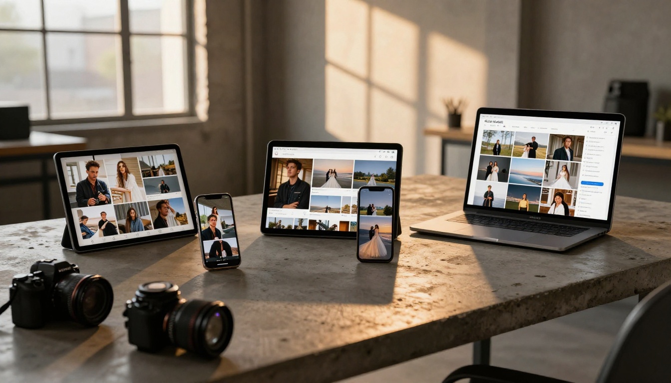 Professional photographer with three devices showing a portfolio as interactive flipbook slideshows in a loft studio