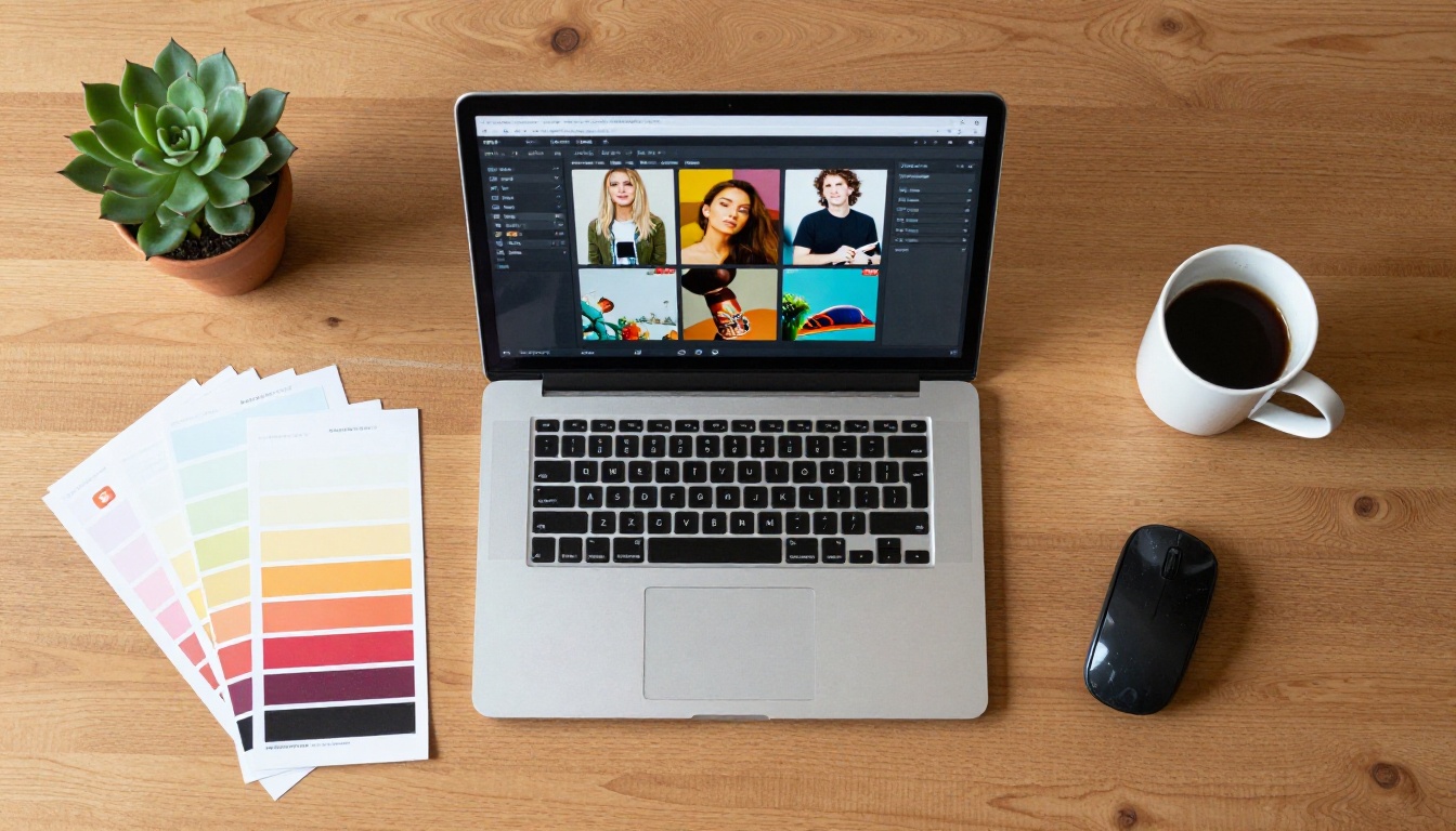 Aerial flat-lay of a designer's desk with laptop showing a flipbook editor and image slideshow panel open