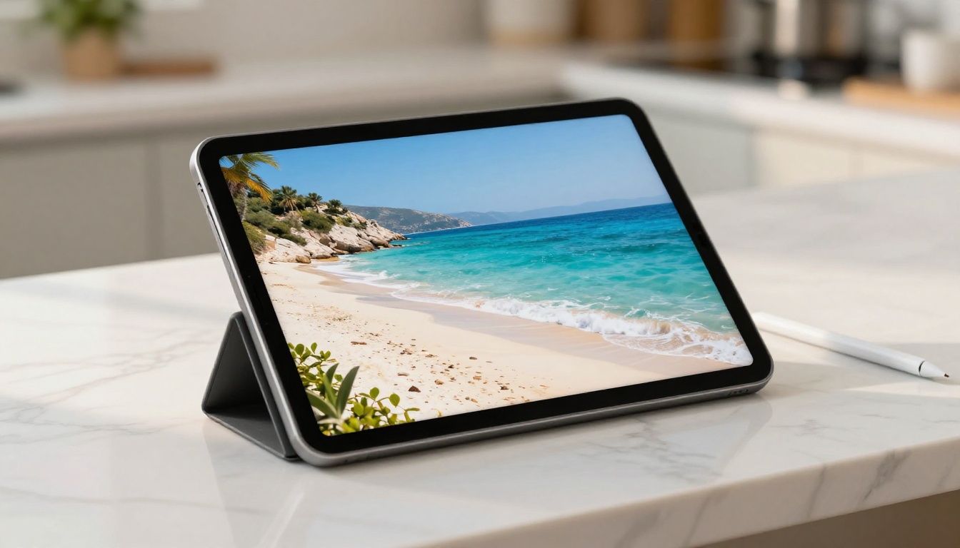 Tablet on marble countertop displaying a travel flipbook with full-width Mediterranean beach image slideshow