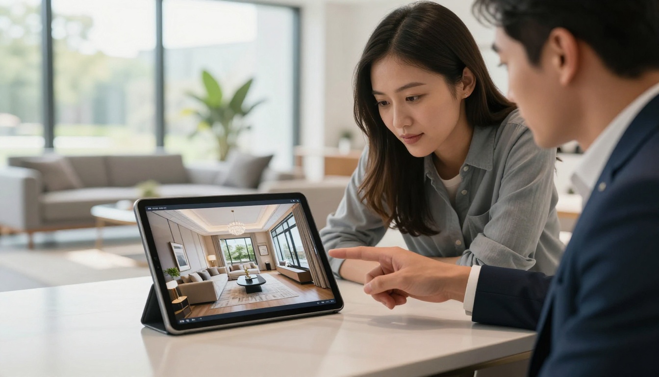 Real estate agent showing property flipbook with interior image slideshow on a tablet to a couple in a modern showroom Real estate agent showing property flipbook with interior image slideshow on a tablet to a couple in a modern showroom