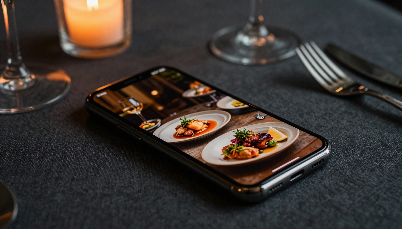 Smartphone showing a digital restaurant menu flipbook with gourmet food slideshow under warm candlelight on a dark linen tablecloth Smartphone showing a digital restaurant menu flipbook with gourmet food slideshow under warm candlelight on a dark linen tablecloth