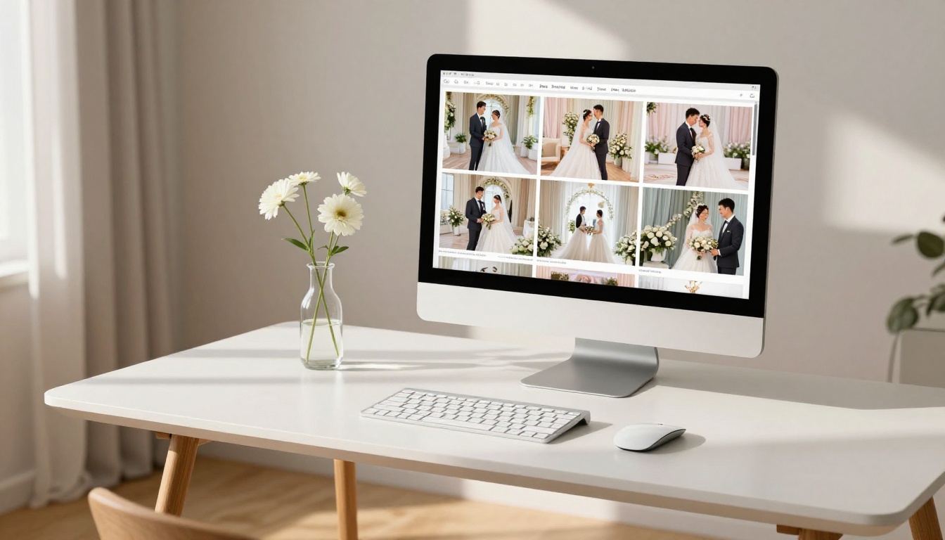iMac displaying a wedding album as an interactive flipbook with a romantic ceremony photo slideshow in a Scandinavian home office iMac displaying a wedding album as an interactive flipbook with a romantic ceremony photo slideshow in a Scandinavian home office