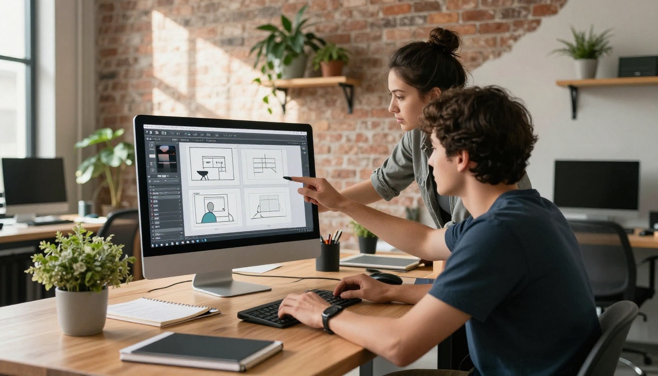 Two creative professionals collaborating at a standing desk looking at a monitor showing a flipbook page editor with slideshow configuration panel open Two creative professionals collaborating at a standing desk looking at a monitor showing a flipbook page editor with slideshow configuration panel open