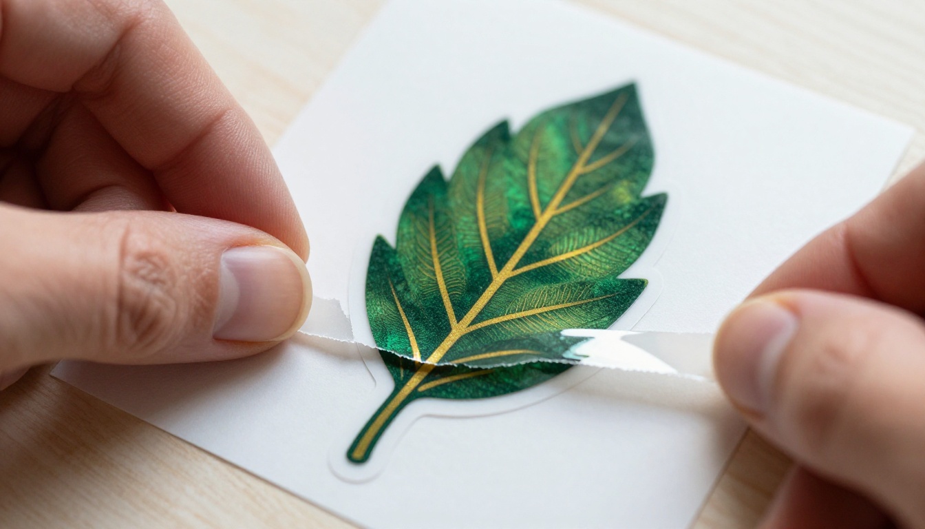 Close-up macro shot of a hand peeling a holographic botanical die-cut sticker from its white backing sheet