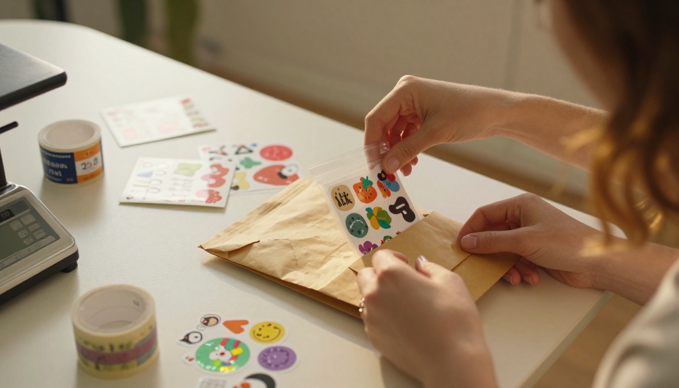 Young woman with auburn hair packaging sticker orders in glassine bags and kraft envelopes on a cream work table