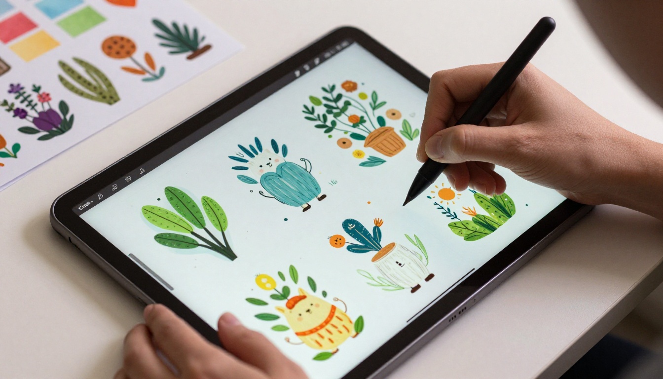 Creative designer working on sticker vector illustrations using a stylus on a large tablet