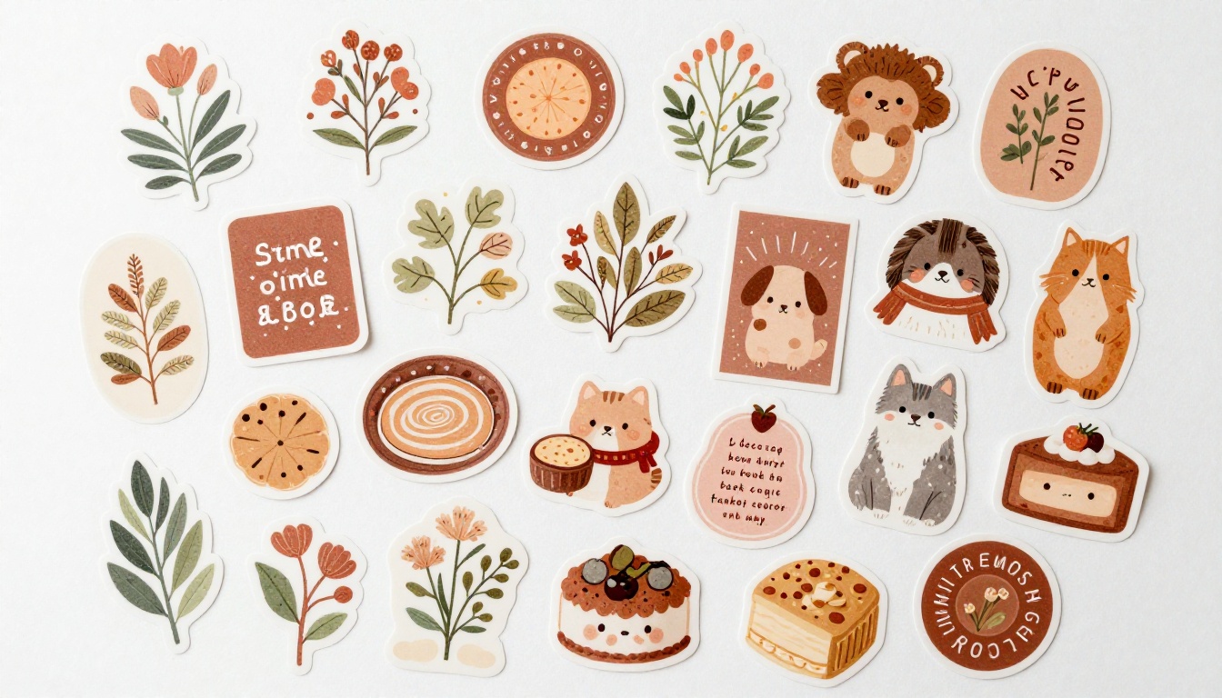 Top-down flat-lay of 30 assorted custom sticker designs in botanical botanical and food character styles on white surface