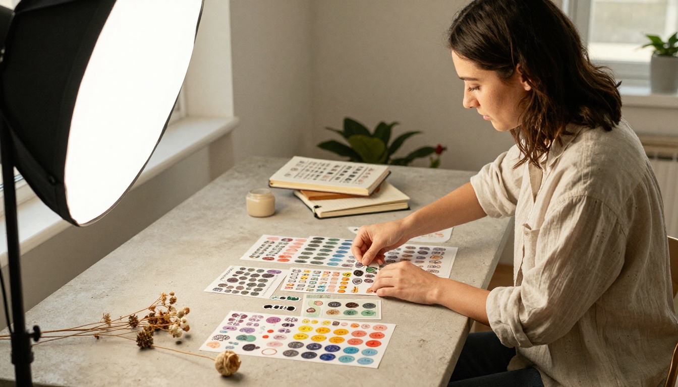Content creator setting up a product photography flat-lay for sticker shop social media on a light concrete backdrop with styled props Content creator setting up a product photography flat-lay for sticker shop social media on a light concrete backdrop with styled props