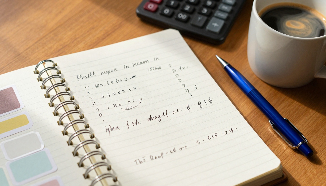 Open spiral notebook with handwritten pricing calculations and profit margin notes surrounded by sticker samples and a coffee mug